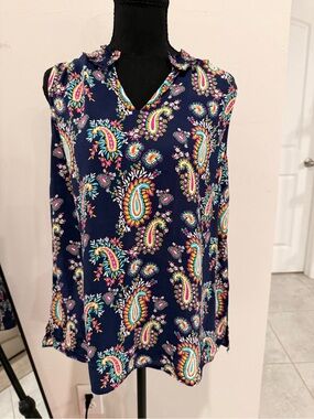 Talbots Navy Paisley Sleeveless V-Neck Blouse